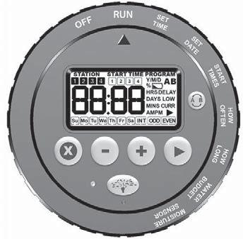 BUTTONS, DIAL AND DISPLAY A B C D E G F 4 Buttons A Toggle between Programs A and B B Clear settings or cancel events C Decrease value D Increase value, select HOW OFTEN setting or access RAIN DELAY