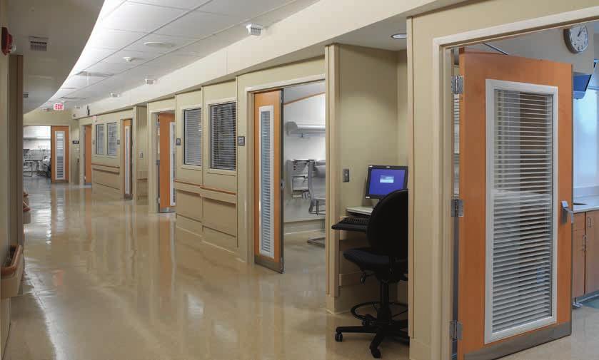 Integrated louvers in hospital doors adjust for privacy and noise control.