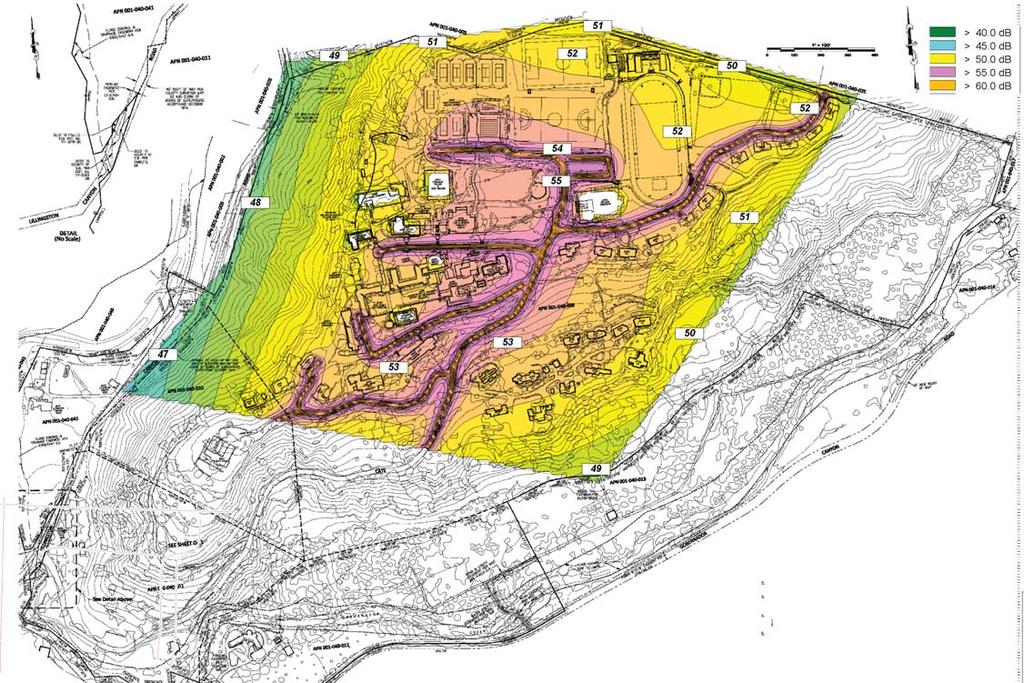 Figure 2. Comprehensive Sound Level Contours Site Plan showing comprehensive sound level contours on the north side of the property (Ldn = dba).