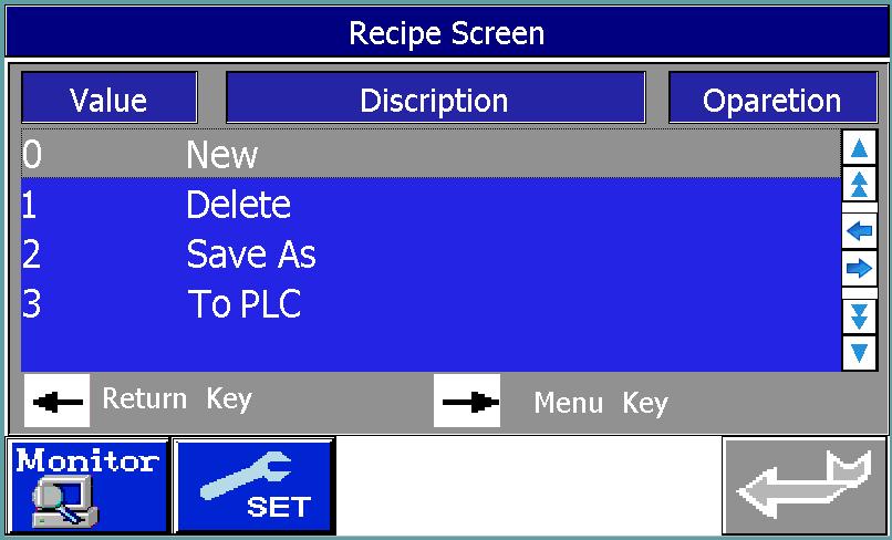 Recipe Screen page 3 New means to build new group parameters. Delete means to delete existing group parameters. Save As means to save the group parameters with new name.