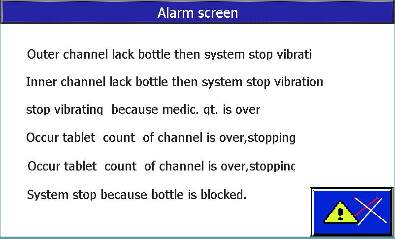 Alarm screen This page displays some detailed information if the machine stops working or cannot run in normal state.