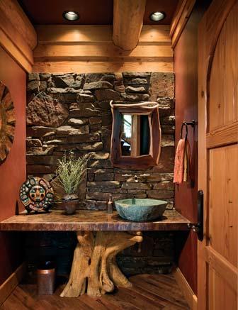 OPPOSITE: The tree trunk supporting the countertop in the powder room on the main level came from the mountains near Payson, Arizona. that characterizes much of Hu s work.