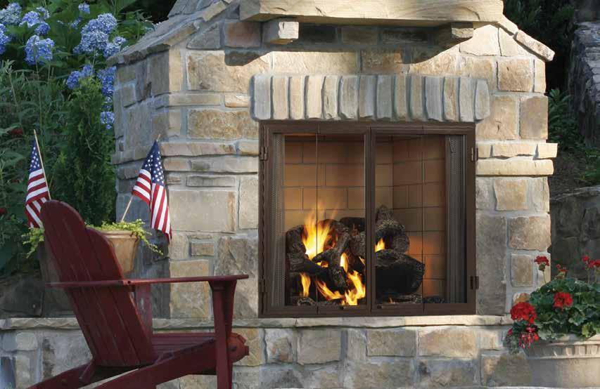 Wood Fireplaces astlewood shown with glass doors, standard stainless steel mesh, traditional molded brick interior and outdoor fireside grand oak gas log set.