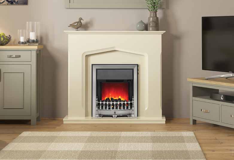 Hansford 46 Electric fireplace in Pearlescent Cashmere painted finish featuring a widescreen fire with