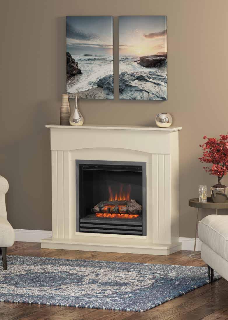 NEW PRODUCT Linmere 44 Electric fireplace in Almond Stone painted finish featuring a widescreen fire with Black Nickel