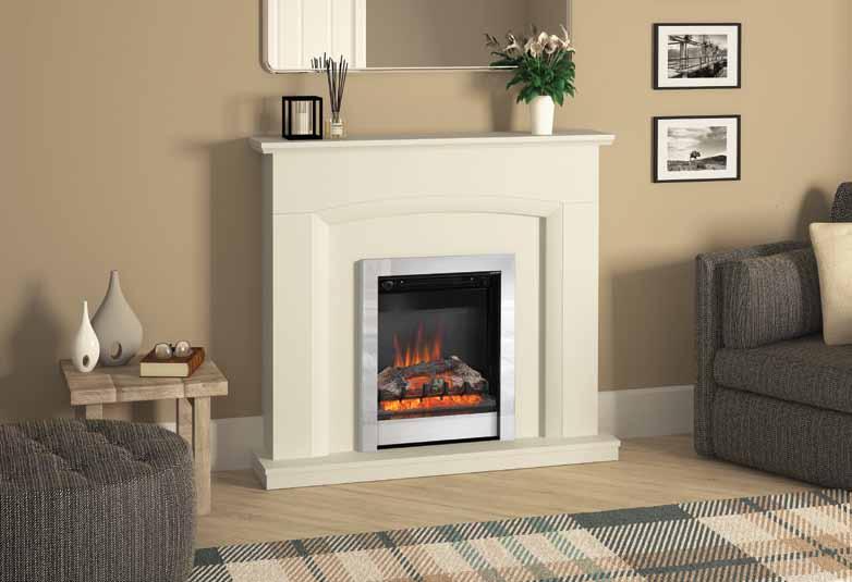 Electric fireplace in Soft White painted finish and featuring a widescreen fire with Chrome