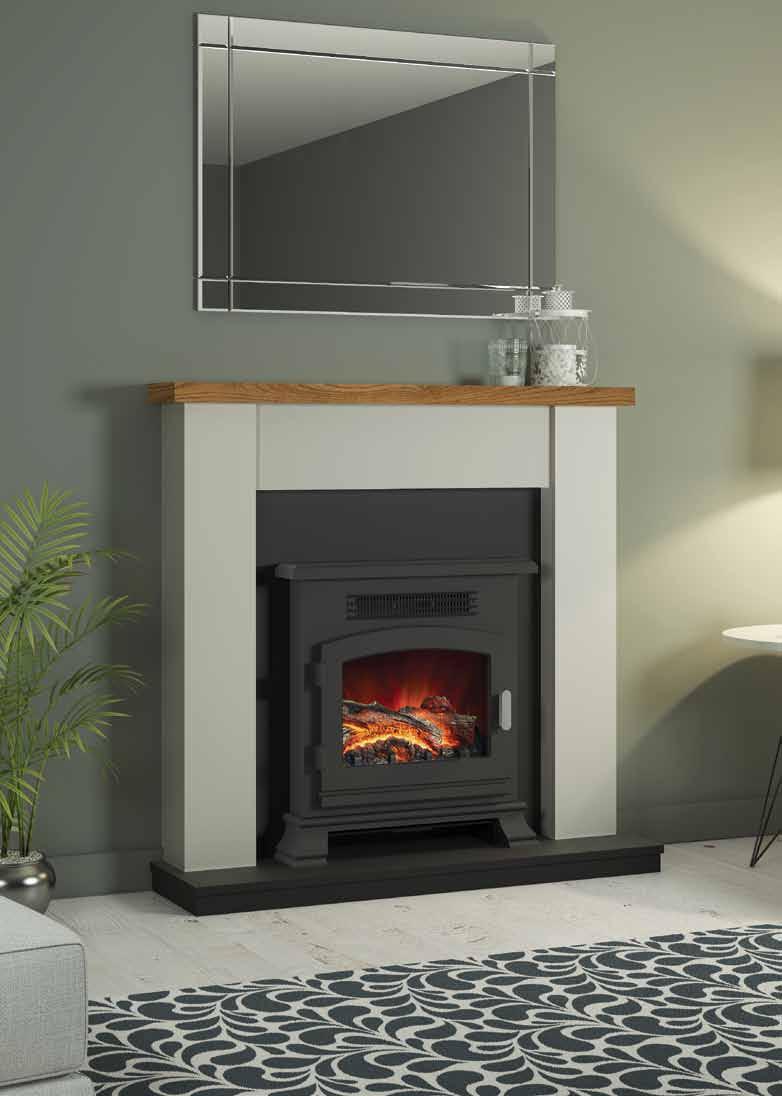 Ravensdale 42 Electric fireplace in Stone and Anthracite painted finish with a Country Oak shelf and a Banbury