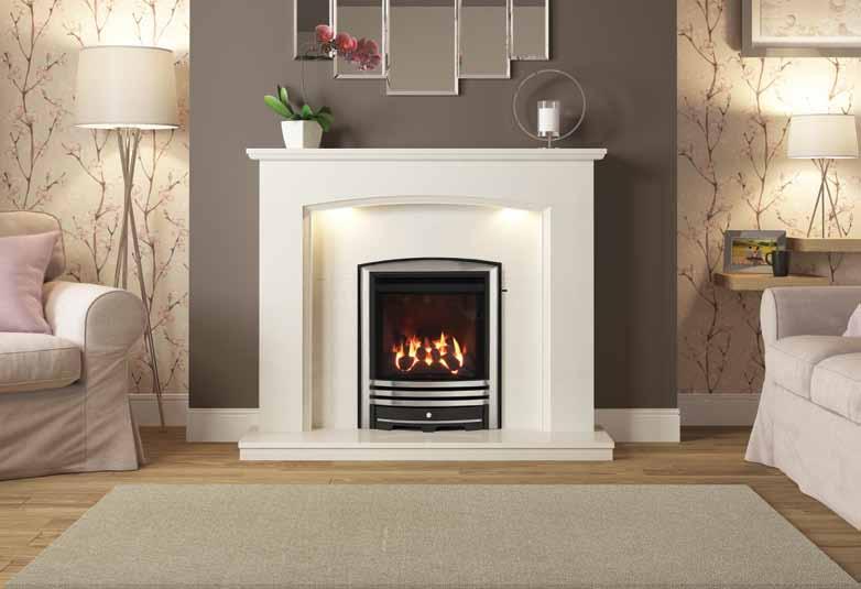 Viola 48 Manila micro marble surround featuring a Classic inset gas fire with Maisie fret in Chrome