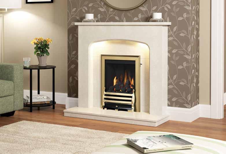 Isabelle 45 Manila micro marble surround featuring an Avantgarde inset gas fire in Chrome