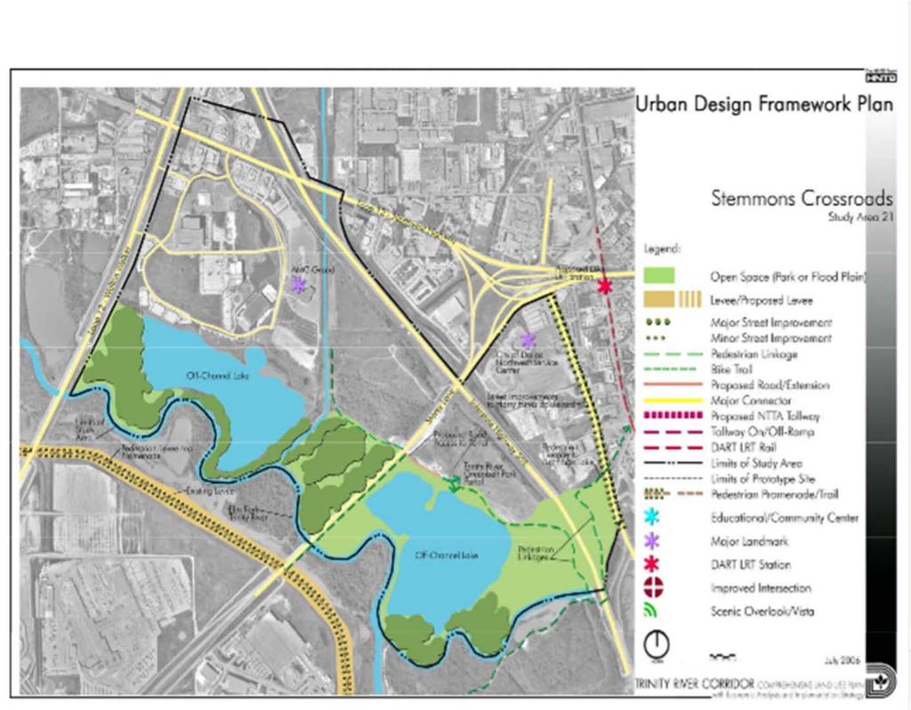 Trinity River Comprehensive Land Use Plan Study Area 21: Stemmons Crossroads The Urban Design Framework Plan emphasizes the creation of off-channel lakes