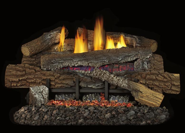 BOULDER MOUNTAIN Log Set GLOW-RAMP Series EXCLUSIVE FEATURES Glowing center fiber log and ember bed for wood fire realism Heavy-duty grate for enhanced rugged appeal Choose from concrete or ceramic