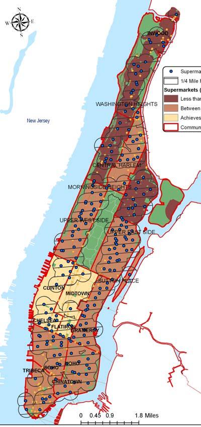 Grocery Stores to People by Community District (CD) Manhattan: Three CDs in northern Manhattan fall short of the Average City Ratio Best coverage of grocery stores and supermarkets in the City CD4