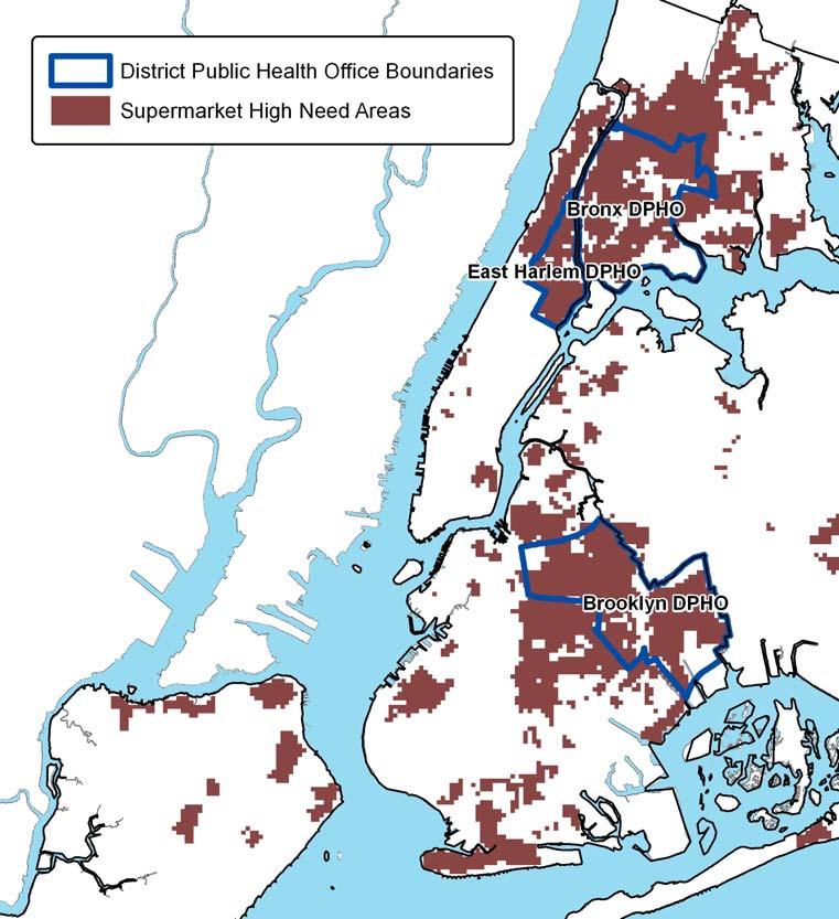 Assessing Need for New Grocery Stores Findings: The Department of Health established District Public Health Offices (DPHO) in Harlem, the Bronx, and central Brooklyn, areas where concentrations of
