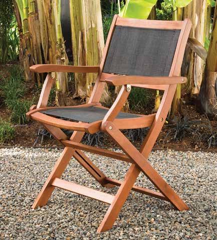 1300 Why compromise? This chair combines style, comfort and rugged durability in an easy to store, low-maintenance package. Use it alone, with a coffee table or at your favorite Arboria dining table.
