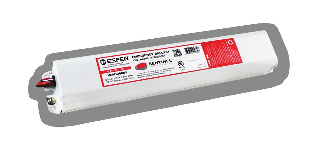 1300 Lumens JWEB-1300 The VEM1300DV fluorescent emergency ballast works in conjunction with to allow the same fluorescent fixture to be used for both normal and emergency operations.