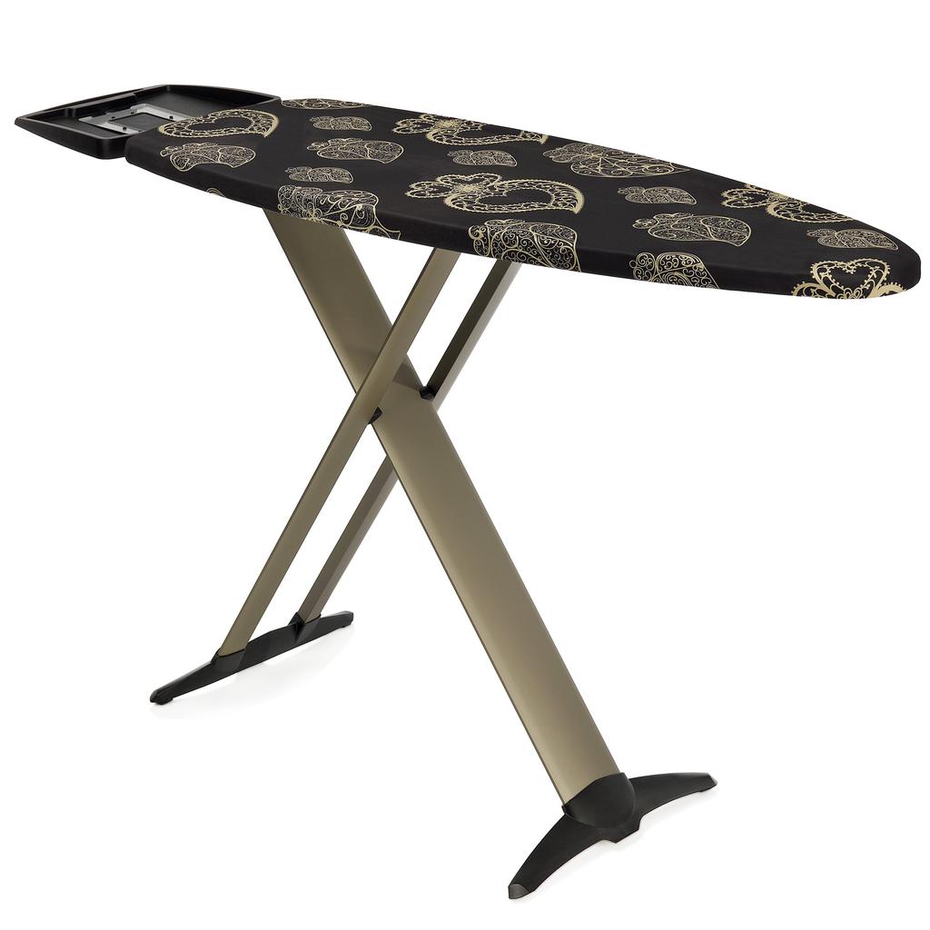 Styl Aluminium Pro Plastic Ironing board with plastic steam unit holder and removable iron rest Three solid anodised aluminium legs - exclusive design Easy to handle and folds flat for storage