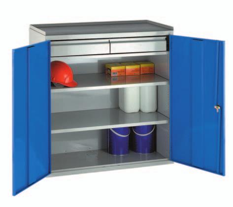 Drawers and sliding trays mounted on ball bearing glide runners Powder coated fi nish: grey cabinets, blue doors.