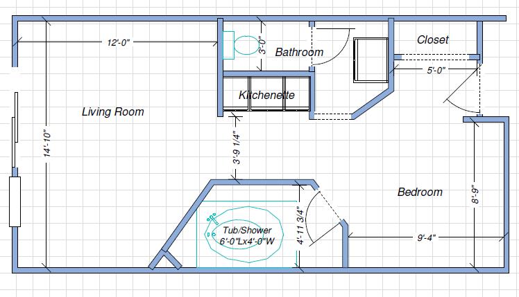 STUDIO FLOOR PLAN: (BEFORE) Please note that not all Studios have an identical floor plan/dimensions due to their specific location within the stack.