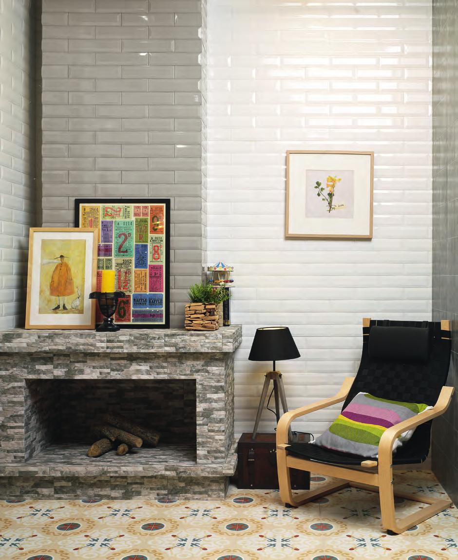 CERAMIC Bissel These slim, rectangular brick tiles have a bevelled edge and are finished in a shimmering gloss - great for adding extra definition to wall spaces.