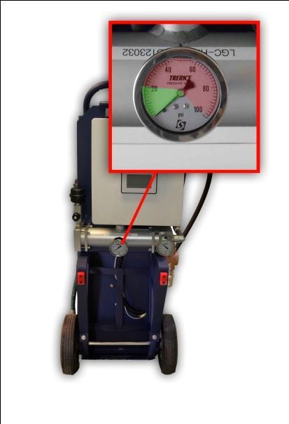 IMMEDIATELY INSPECT FRONT PRESSURE GAUGE TO INSURE THAT PRESSURE IS NOT HIGHER THAN 20 PSIG.