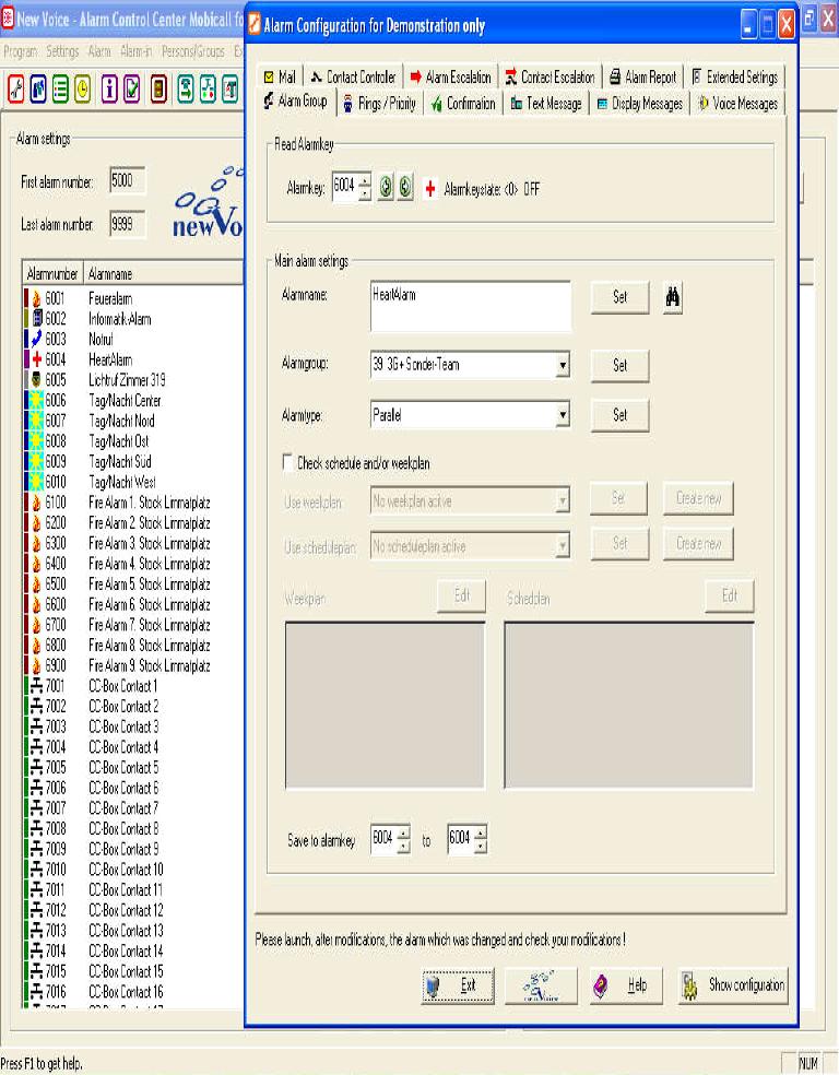 Alarm Centre: User Interface In the Alarm Centre more than 9000 alarm scenarios can be stored. One alarm is always linked to a group of extensions getting notified on launching the alarm.
