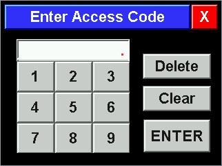 The red graphic in this diagrams indicates the area to touch and hold. The default Supervisor access code is 1234. Use the default code the first time the Configuration is accessed.