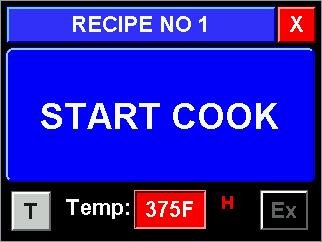 The control will emit an audible alarm for 5 seconds and the screen background will alternate between green and blue until the oven is loaded or the large button is touched. Load the oven.