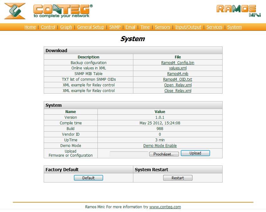 System System page contains: 9 Download files: Backup configuration, MIB table, XML script of sensors value and control.