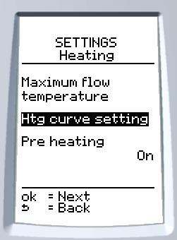 INSTLLTION 6.1.2 Heating curve The following menu allows you to select the heating curve (value adjustable between 0.2 and 4 - factory setting: 0.