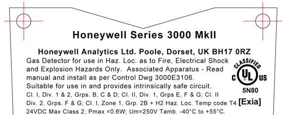 21.3 Main unit UL/CSA hazardous area nameplate Honeywell Series 3000 MkII Honeywell Analytics Ltd. Poole, Dorset, UK BH17 0RZ Gas Detector for use in Haz. Loc.