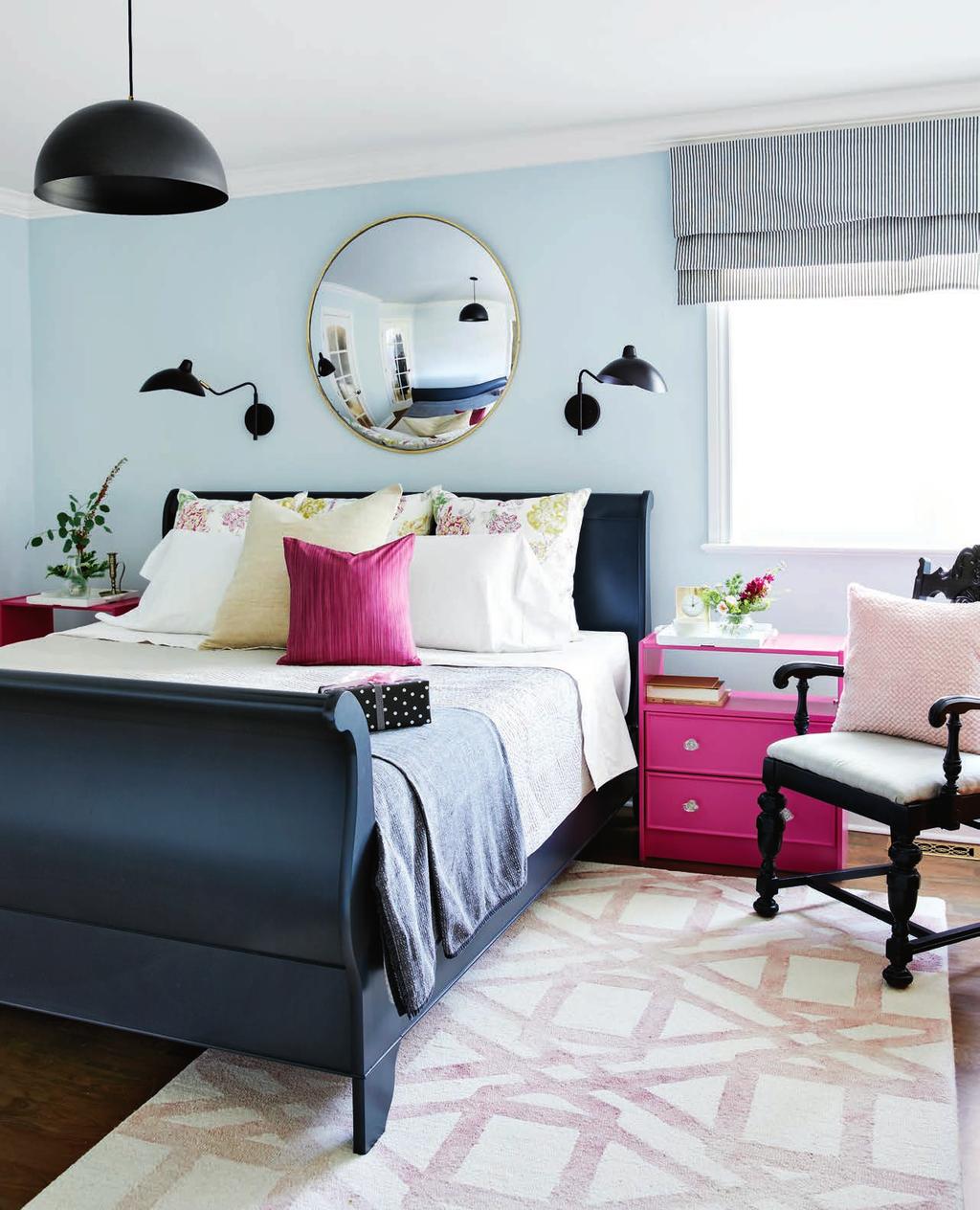 There s a soft neutral palette with bold blue, green and pink
