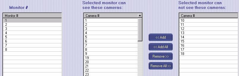 Camera/Monitor Partitions Screen Video from cameras may not be displayed on monitors unless the cameras are partitioned to those monitors.