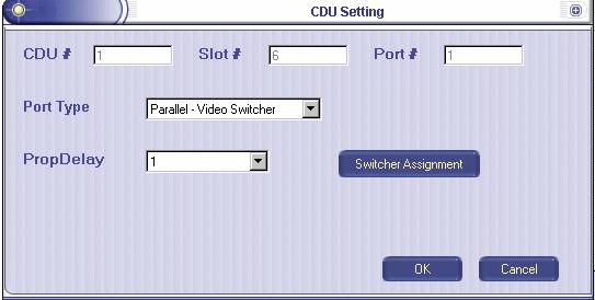 7. Select slot 6, port 2 from the Network Neighborhood for CDU 1 to display the CDU Setting screen. 8. Click Switcher Assignment. 9.