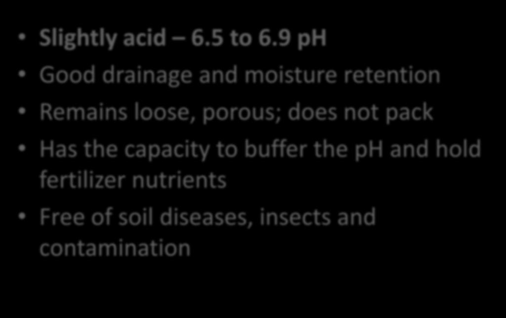 Prerequisite for Soilless Mixes Slightly acid 6.5 to 6.