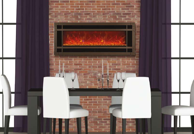WMBI-48-5823 Electric Fireplace with Blacksmith Classic Bronze overlay and Sun Tea fire glass WM-BI Series Fireplace Features WMBI-48-5823 specifications Can be wall mounted or built in Clean black