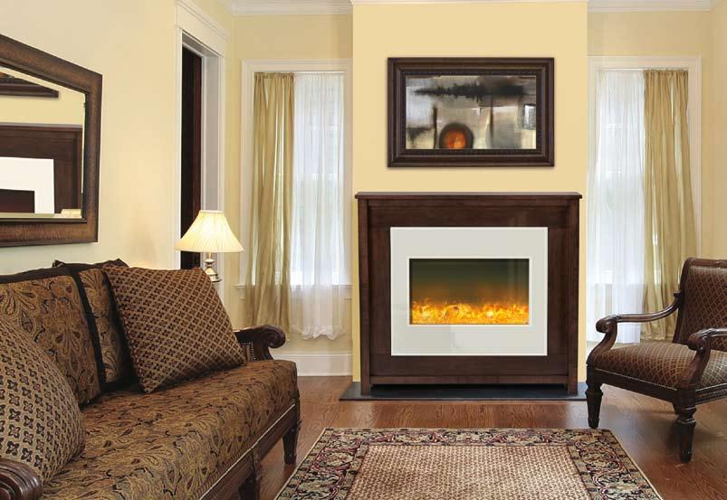 Fire & Ice Series Zero Clearance Insert Wall-Mount Built-In Flush Deep ZECL-30-3226-WHTGLS Electric Fireplace shown with Golden Yellow Fire & Ice flame and Espresso mantle ZECL-30-3226 specifications