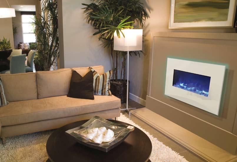 WM-BI-26-3623-WHTGLS Electric Fireplace shown with Blue Fire & Ice flame and surround back lighting on WM-BI-26-3623 SPECIFICATIONS WM-BI Series Fireplace Features Can be wall mounted or built in NEW