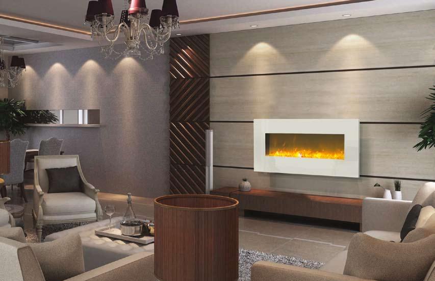 WM-BI-34-4423-WHTGLS Electric Fireplace shown with Golden Yellow Fire & Ice flame and surround back lighting off multicolored WM-BI-34-4423 SPECIFICATIONS WM-BI-34-4423 Warm up any space with the