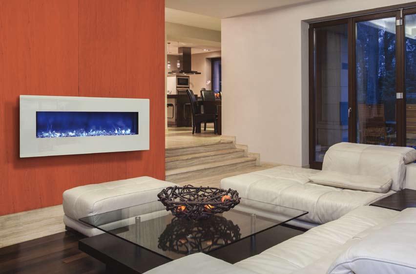 WM-BI-48-5823-WHTGLS Electric Fireplace shown with Blue Fire & Ice flame and surround back lighting off WM-BI-48-5823 SPECIFICATIONS WM-BI-48-5823 Impressive and functional.