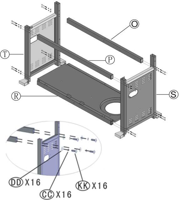 b) Align the holes on the right end of the upper rear beam (O) with those on the right side panel (S), then insert one bolt (KK), one spring washer (CC) and one flat washer (DD) into each pre-drilled