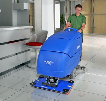 (66, 71, and 86 cm disc, 71 cm cylindrical, 71 and 81 cm BOOST) 23 gallon solution and recovery tank (87 L) Focus II Large The Focus II Large walk-behind autoscrubber has the right combination of