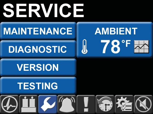 9) allows the selection of various sub screens along with the current ambient temperature at the system: The default view when the dryer screen is selected shows both dryer operation modes.