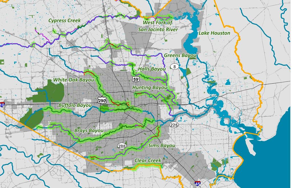 Bayou Greenways Demographics MSA values $29,000 income/capita 59-17 - 37 % w/b/h (79.6) Diversity index San Jacinto $37,700 84-7 20 (52.2) White Oak $31,200 60-17 45 (80.