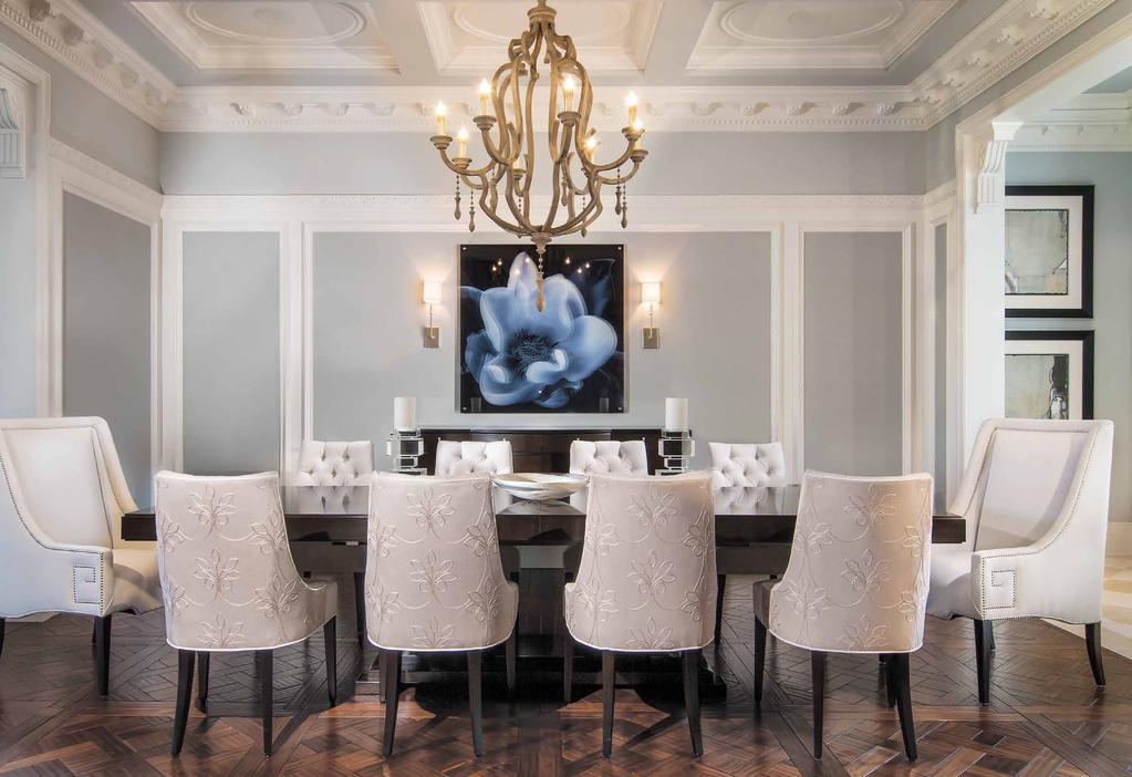 Ferguson Copeland host chairs and side chairs from Designmaster Furniture wear Kravet and J.F. Fabrics textiles in the dining room.