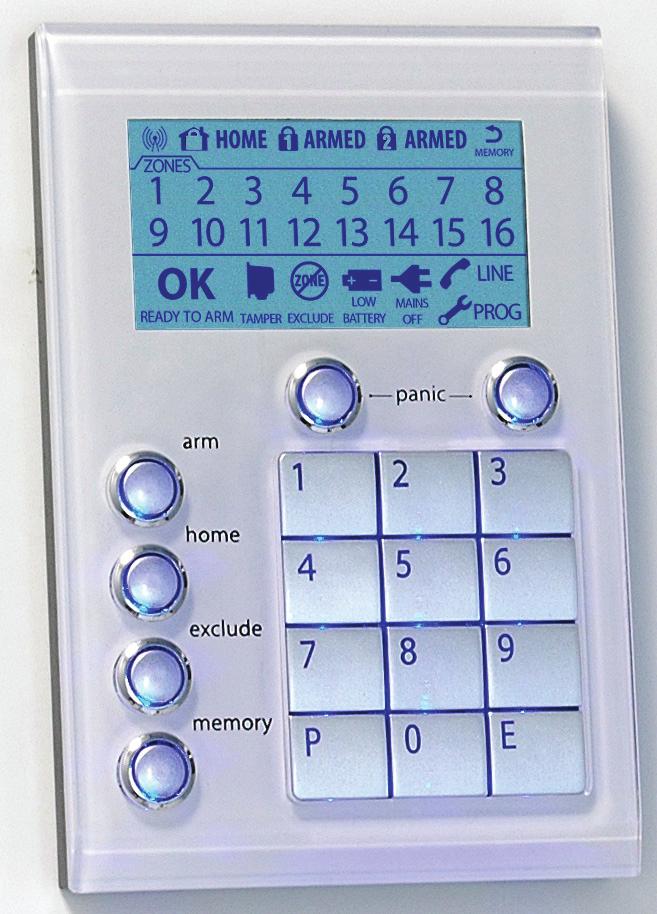 Saturn Operation For the User Unique Features Adjustable White LCD back lighting Stylish and elegant glass-look fascia Adjustable red LCD backlighting for Alarm Memory Key pairs for Panic, Fire &