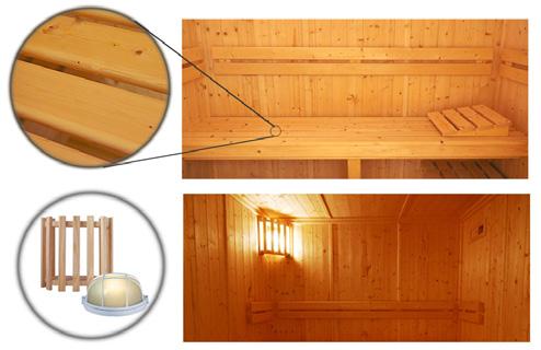 We offer a choice of Standard or Delux specification Sauna Cabins, the major difference in these two specifications is the timber used for the benches, back rests, head rests, floor mates and heater