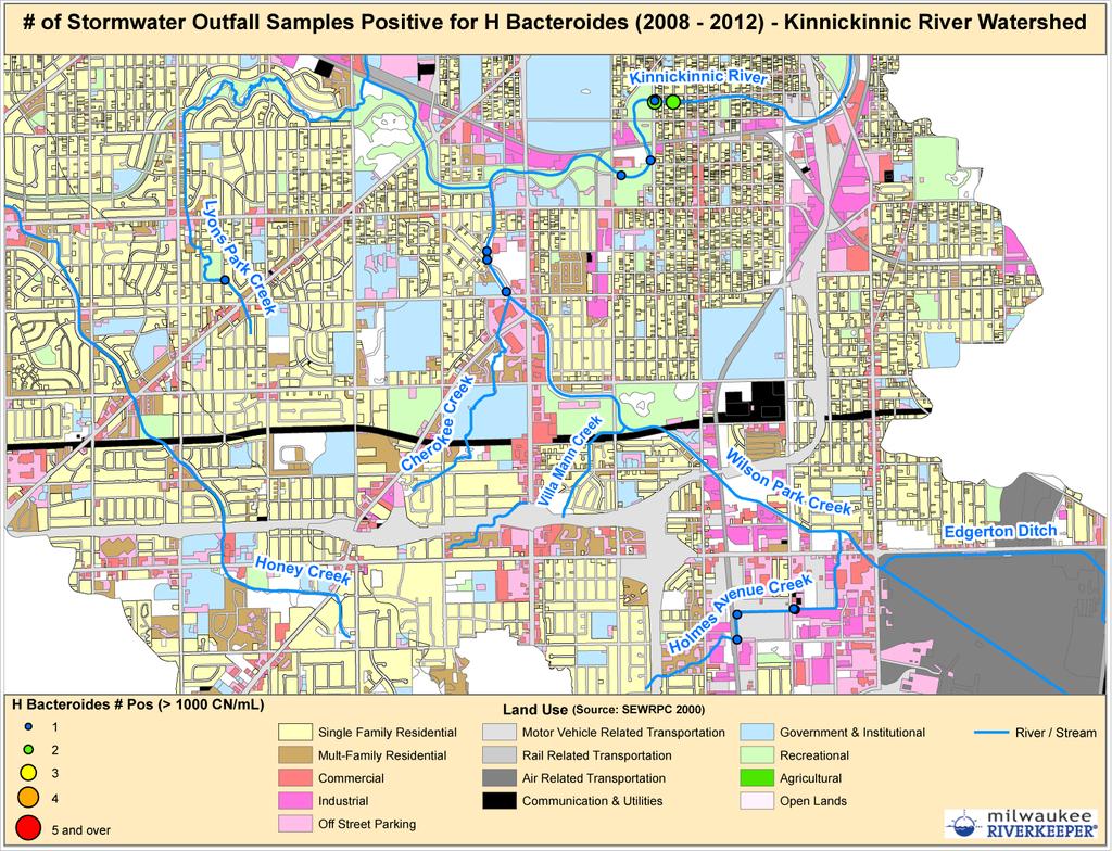 Figure ES- 3B. Map of outfalls positive for sewage contamination, as measured by HB, in the Kinnickinnic watershed (from 2008-2012). Additional sampling is planned for 2013-2015.
