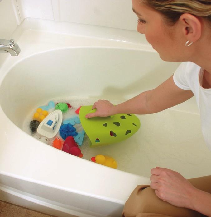 The removable scoop provides a quick and easy way to pick up bath toys Drain holes in the scoop allow toys to be rinsed and drained in bulk Fingers and toes are used for hanging
