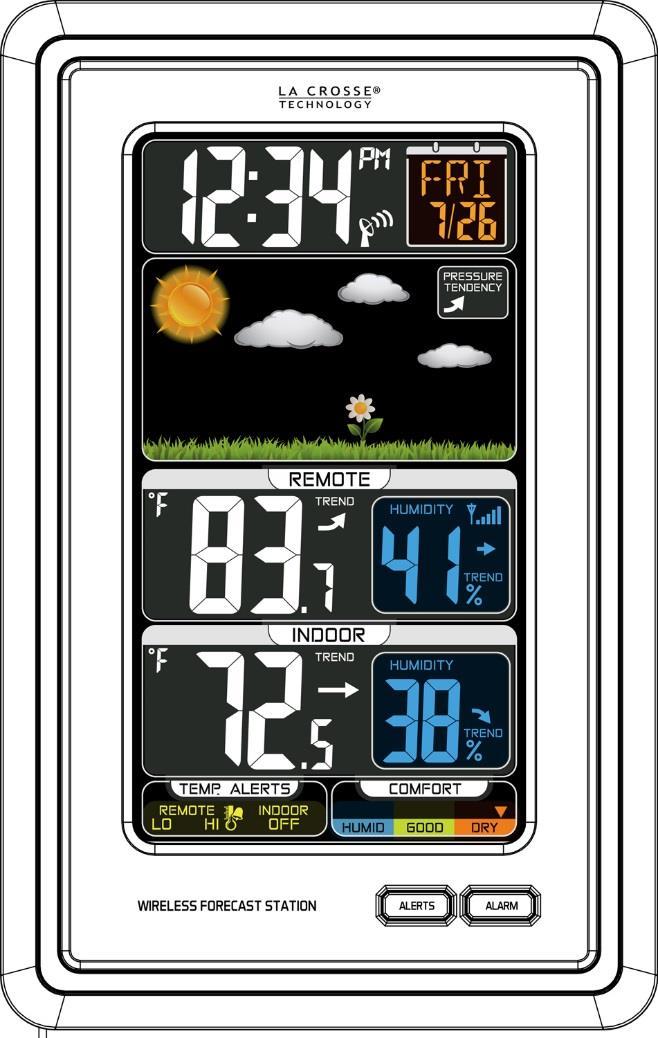 Model: S88907 Instruction Manual DC: 072314 WIRELESS COLOR WEATHER STATION FRONT VIEW SIDE BUTTONS Time Calendar + Alarm Color Animated Forecast + Tendency Remote Humidity & Temperature with Trend