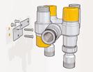 Diverter-mixing valve coupling The diverter-mixing valve coupling on the Solarincal T storage-toboiler thermostatic connection kit allows the mixing valve to rotate through 360 to satisfy all the